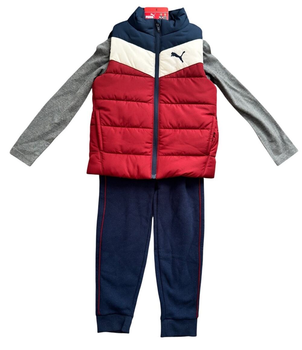 NWT Puma Kids 3pcs Set Puffer Vest Long Sleeve Shirt & Joggers Red Navy Size 6
